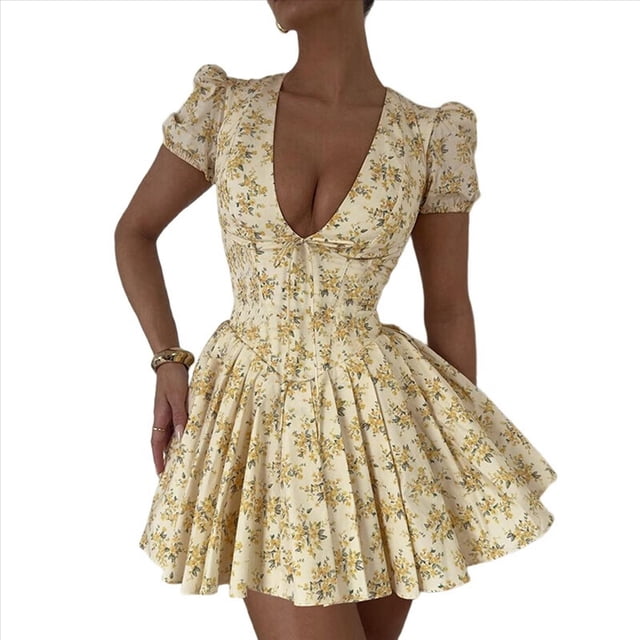 Vestido de Mujer con Escote en V, Estampado, Ajustado, Abullonada, Cordón Ajustable, Amarillo, Talla L