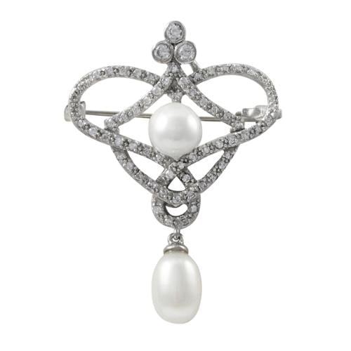 Luxiro Sterling Silver Cubic Zirconia Freshwater Pearl Flourish Brooch Pin by Overstock