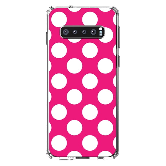 DistinctInk Clear Shockproof Hybrid Case for Samsung Galaxy S10 (6.1" Screen) - TPU Bumper, Acrylic Back, Tempered Glass Screen Protector - White & Hot Pink Polka Dots