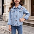 thumbnail image 2 of larppty Girl's Jean Jacket Cute Embroidery Denim Jackets Long Sleeve Button Down Spring Fall Outerwear (Blue,18-24 Months), 2 of 6