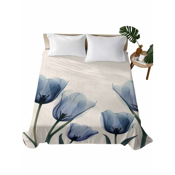 Spring Floral Flat Sheets Only King Size, Soft Breathable Bed Top Sheets for Mattress, Blue Tulip Summer Botanical Rustic Luxury Bedding Flat Sheets for Home Hotel Bedroom Bed Protection