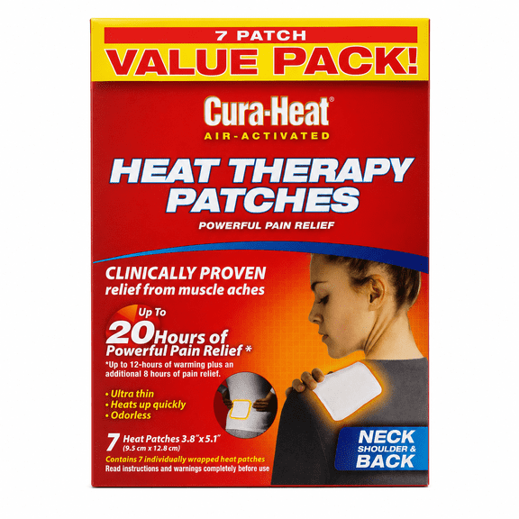 Cura-Heat Pain Relief Heat Patches, Air-Activated Targeted Warmth for Back, Neck, Shoulders and Joints, White, 7 Count