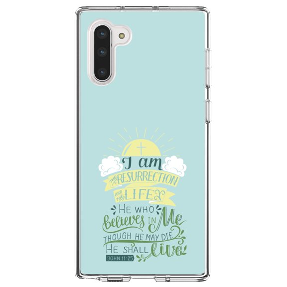 DistinctInk Clear Shockproof Hybrid Case for Samsung Galaxy Note 10 (6.3" Screen) - TPU Bumper, Acrylic Back, Tempered Glass Screen Protector - John 11:25 - I am the Resurrection and the Life