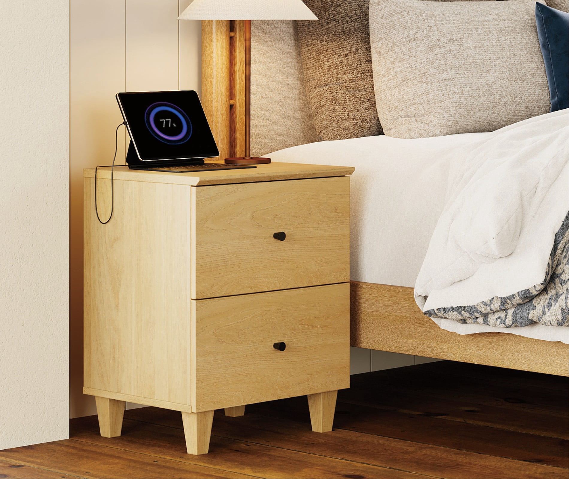 WAMPAT Modern Nightstand with Charging Station, Wooden End Table with 2 Large Drawers, Small Bedside Table for Bedroom, Oak Wood