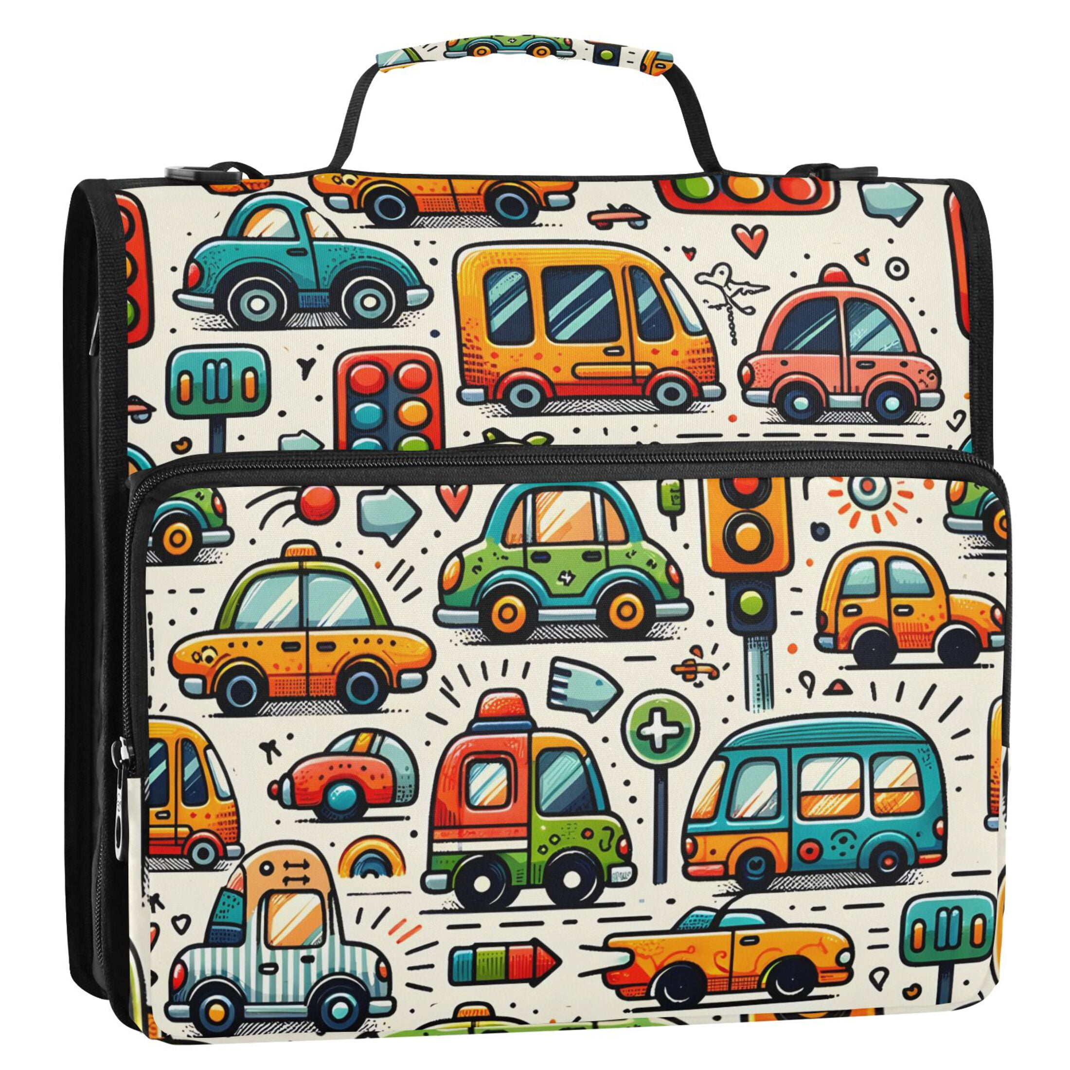 3 Ring Zipper Binder with Shoulder Strap Waterproof Trapper Keeper 2 Inch D-Ring 500 Sheets Capacity Cartoon Cars Indicator Roadsign