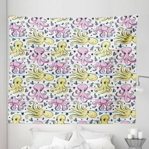 Octopus Tapestry, Cartoon Style Sea Life Animal and Plant Pattern Aquatic Scene Creatures, Fabric Wall Hanging Decor for Bedroom Living Room Dorm, 5 Sizes, Pink Yellow Pale Blue, by Ambesonne