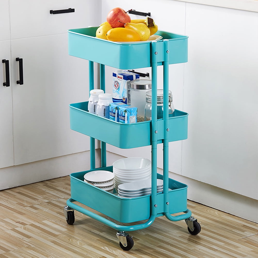 3 Tier Metal Rolling Utility Storage Carts with Wheels for Office Home Turquoise 