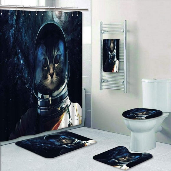 EREHome Space Cat Astronaut Kitty Extragalactic Mission in Orbit Terestial Dark 5 Piece Bathroom Set Shower Curtain Bath Towel Bath Rug Contour Mat and Toilet Lid Cover