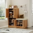 thumbnail image 3 of Multi-functional Shoe Storage Cabinet with Bench and 7+3 Compartments, Comfortable Cushioned Shoe Bench with Adjustable Layer Board, for Home Entryway, Hallway, Oak, 3 of 9