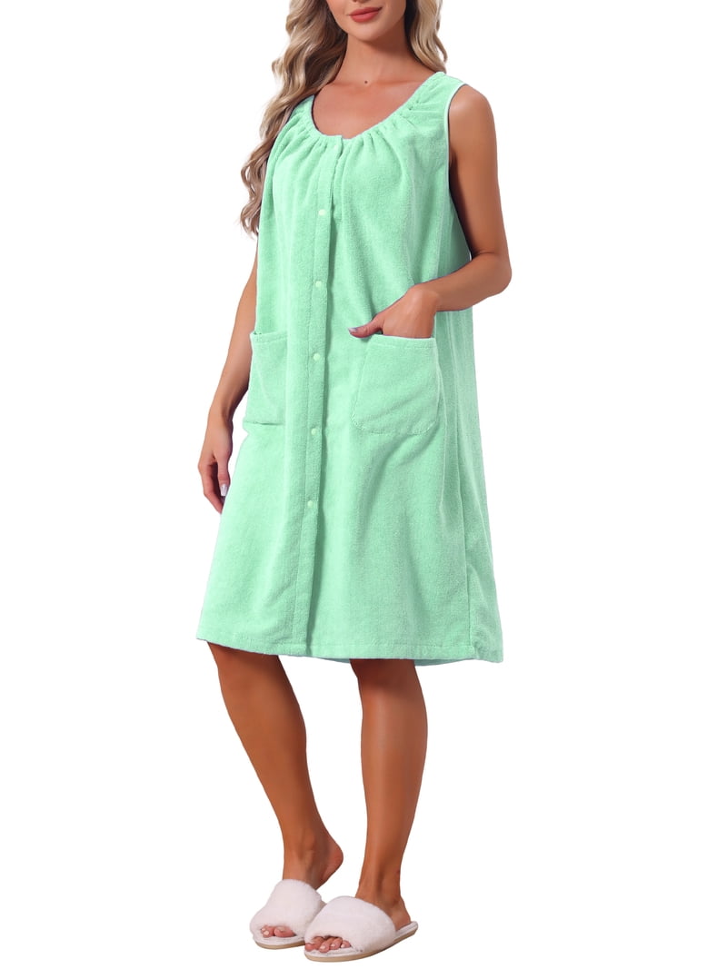 Inspire Chic Women's Terry Cloth Robe Absorbent Snap-Button Bath Wrap with Pockets & Flattering Neckline L Mint Green, Size: Large, Black