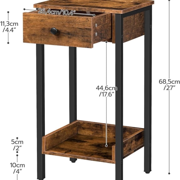 Tall End Table, Nightstand, Industrial Side Table with Drawer and Storage Shelf, for Study, Bedroom, Space Saving, Rustic Brown and Black