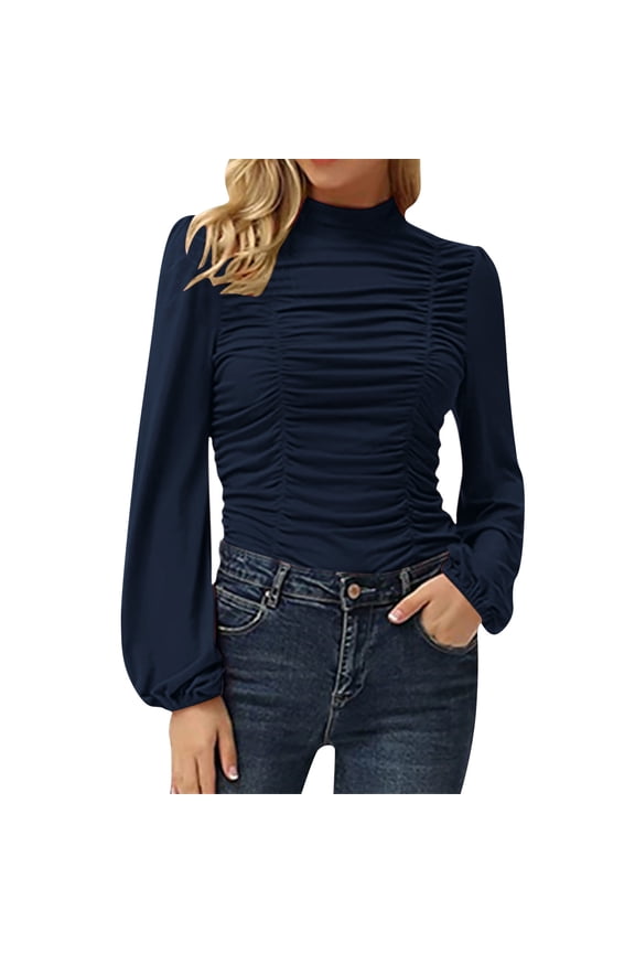 Sweatshirt For Women Womens Elegant Turtleneck Ruched Ruffle Trim Long Sleeve Blouse Shirt Top Womens Fall Tops T Shirts For Women Navy M