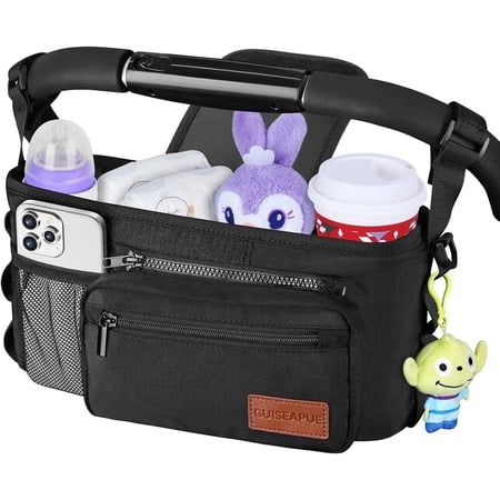 Universal Stroller Organizer with Cup Holder Detachable Phone Bag and Shoulder Strap Stroller Caddy Fits for Stroller Accessories like Uppababy,...