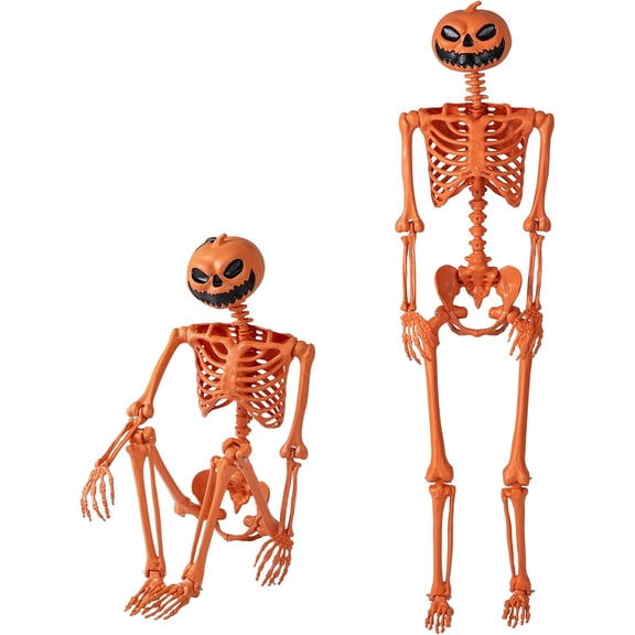 Halloween Orange Skeleton Decoration, 3 Ft Life-Size Posable Skeleton with Pumpkin Head, 7 Moving Joints, Indoor & Outdoor Hanging Halloween Prop for Home, Yard, Party