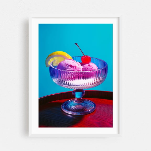 Cherry-Topped Sorbet - Photography Dessert Fruit Pop Art Kitchen Decor Summer Modern Art White Framed Wall Art Print 9 x 12 inches