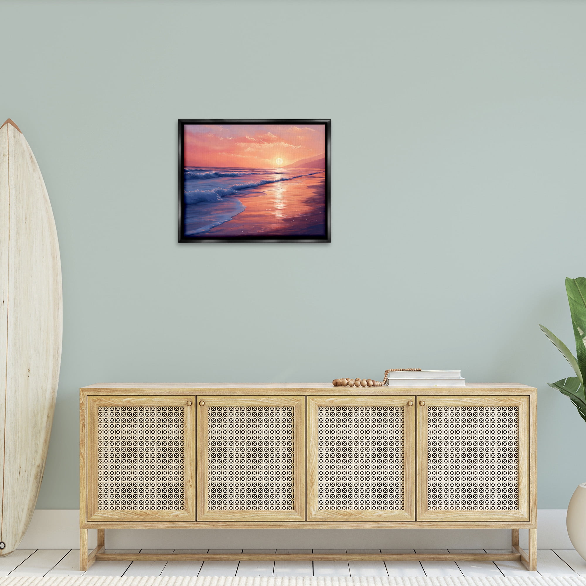 Stupell Industries Sunset over Beach Waves Landscape Photography Black Floater Framed Canvas Art Print Wall Art, 31 x 25