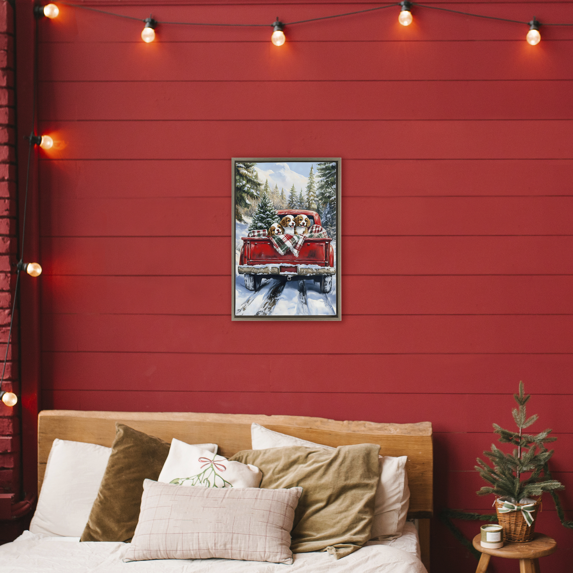 Christmas Truck Pups Trio Brown Framed Floater Canvas Wall Art, design by Petal Prints Design