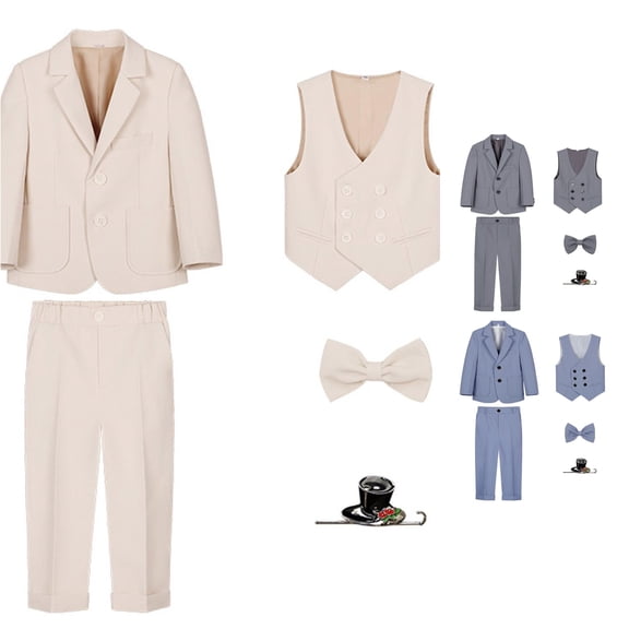 Toddler Boys Outfits Plaid Long Sleeve Shirt and Pants Coat Bow Tie Outfits 5Pc Suit Clothe Outfits Size 3-4T ,Beige