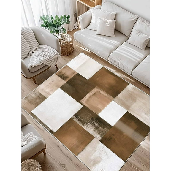 Brown Abstract Area Rug for Bedroom 5x7 Ft Modern Rustic Geometric Color Block Plaid Super Soft fuzzy Throw Rug Non-Slip Fluffy Plush Indoor Floor Carpet for Living Room Nursery Home Decor