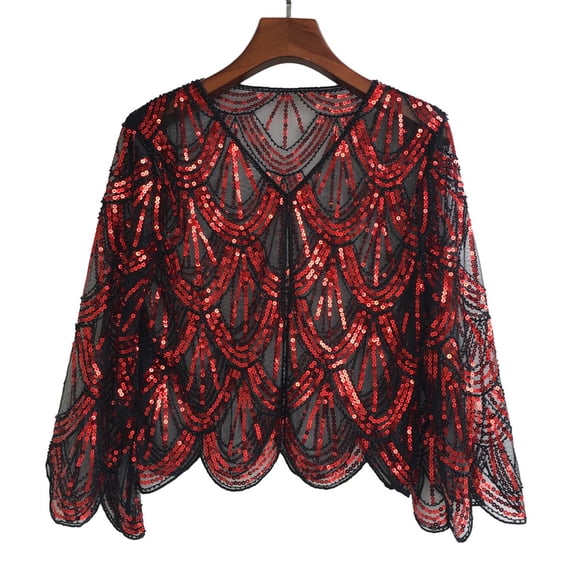 HNMKIU Wraps 1920s Art Deco Sequin Beaded Flapper Shawl Wrap Women's Elegant Wedding Cape Evening Party Cover Up Red,One Size