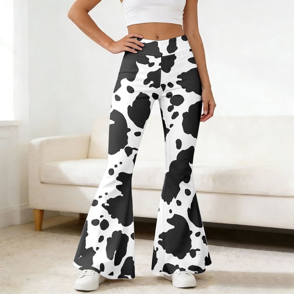 Womens Pants High Waist Cow Print Trousers Casual Daily Flare Leg Long Womens Pants White L
