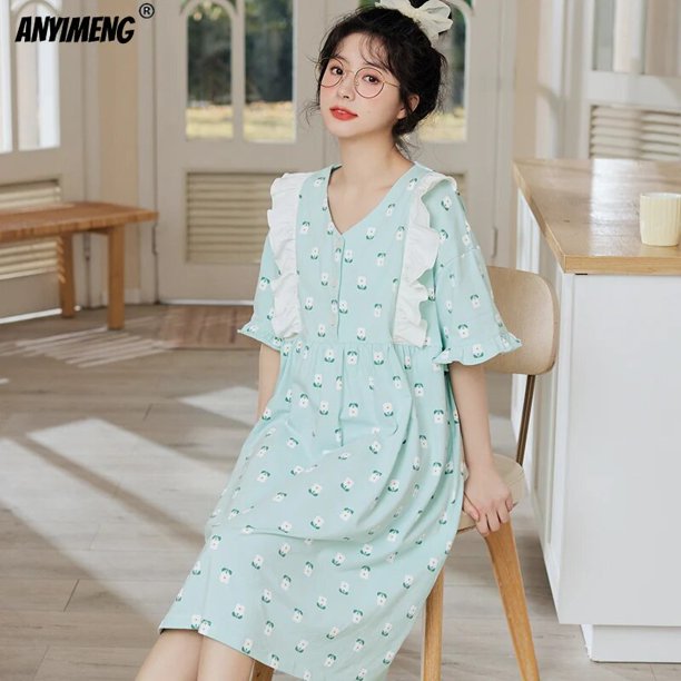 Camisón de cuello de muñeca estilo princesa para mujer, Tops de algodón, camisas de dormir Kawaii para niña, lencería de manga corta para mujer