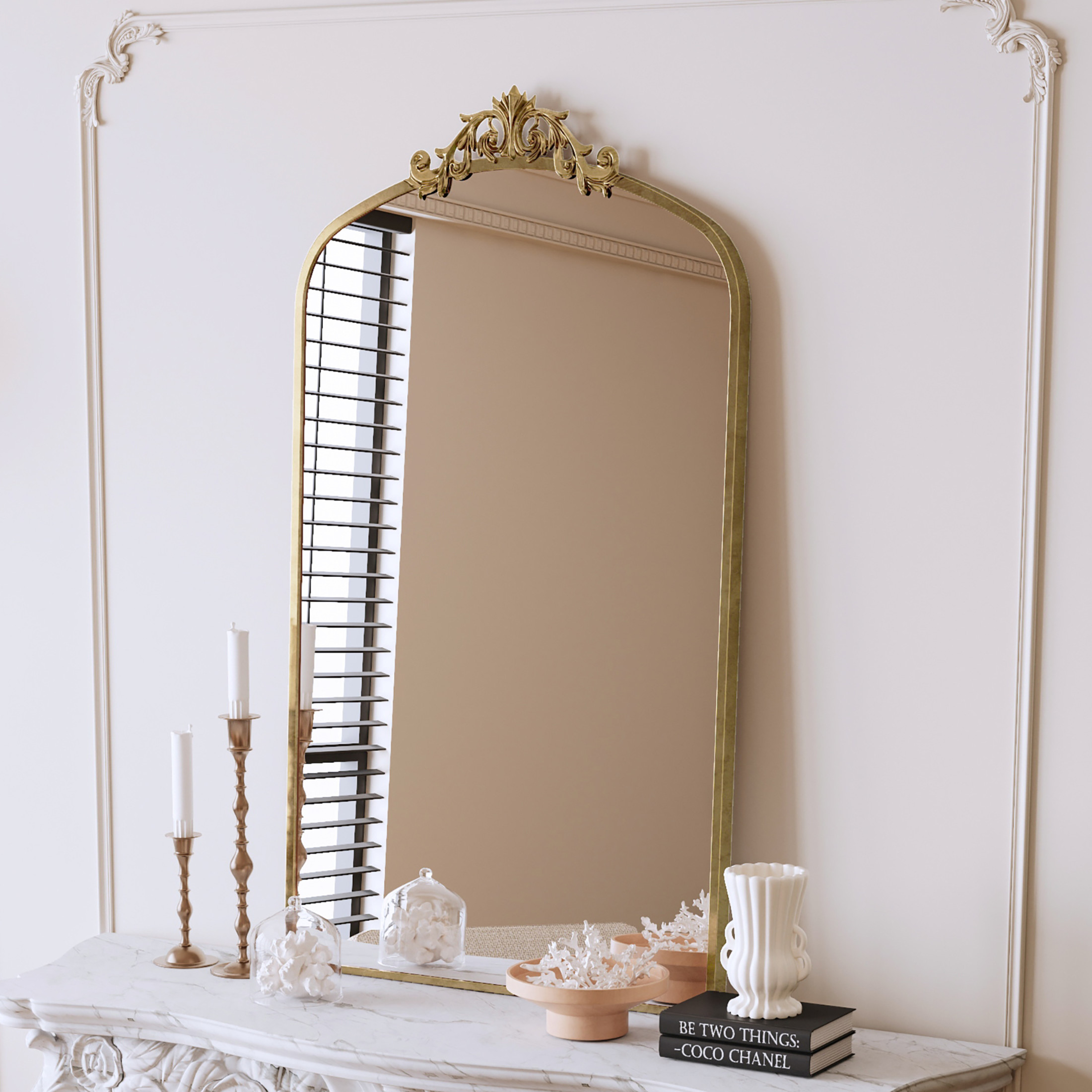 Noble House 24" Vintage Ornate Arched Wall Mirror with Metal Frame, Baroque Decorative Dressing Mirror, Antique Bronze