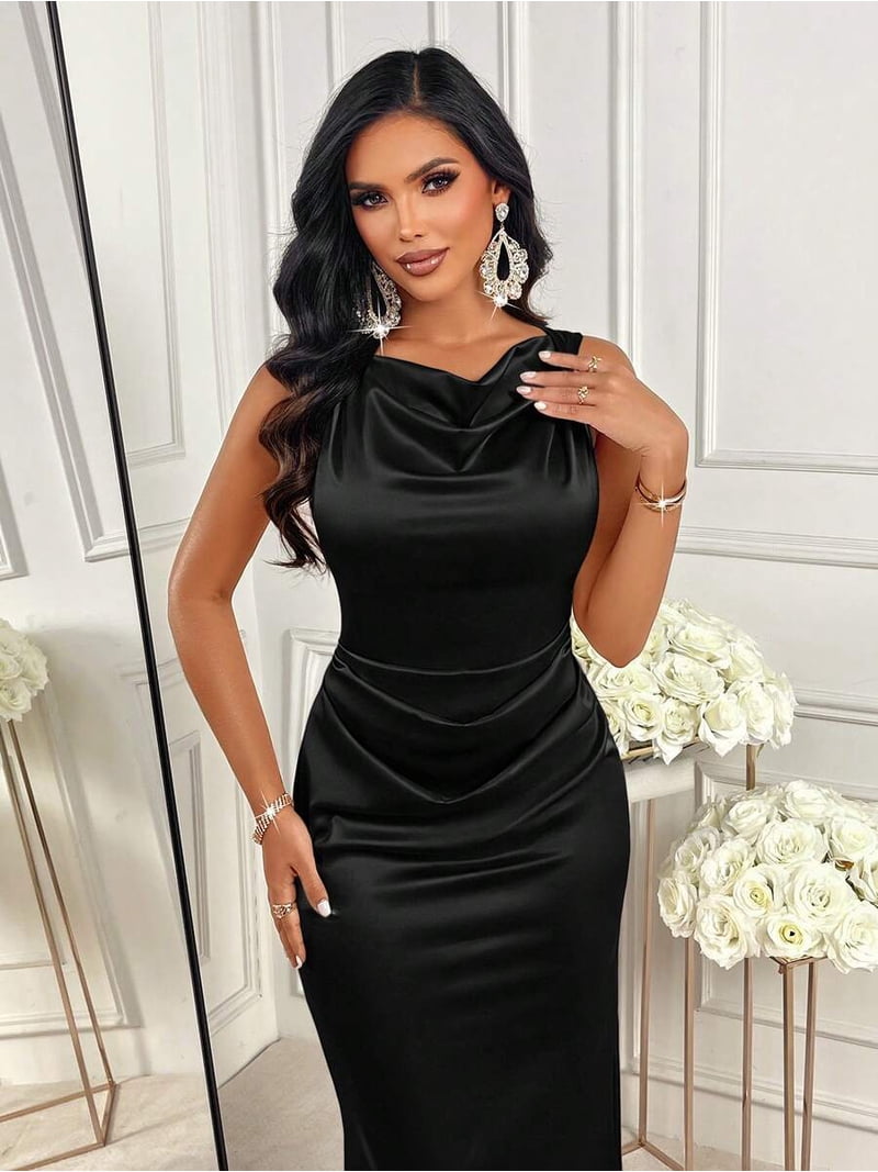 black satin bodycon midi dress Black Satin Midi Dress with Long Sleeves and Open Back