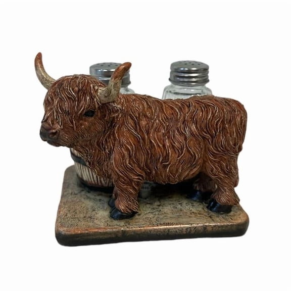De Leon Collections 15664 Polyresin Banyard Highland Cow Rustic Farmhouse Ranch Salt and Pepper Shaker Holder Set