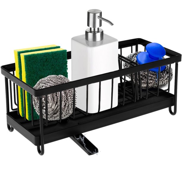 Soporte para esponja de fregadero, escurridor de esponja para platos, organizador de fregadero de cocina de acero inoxidable con compartimento, dispensador de jabón para platos, soporte para cepillos