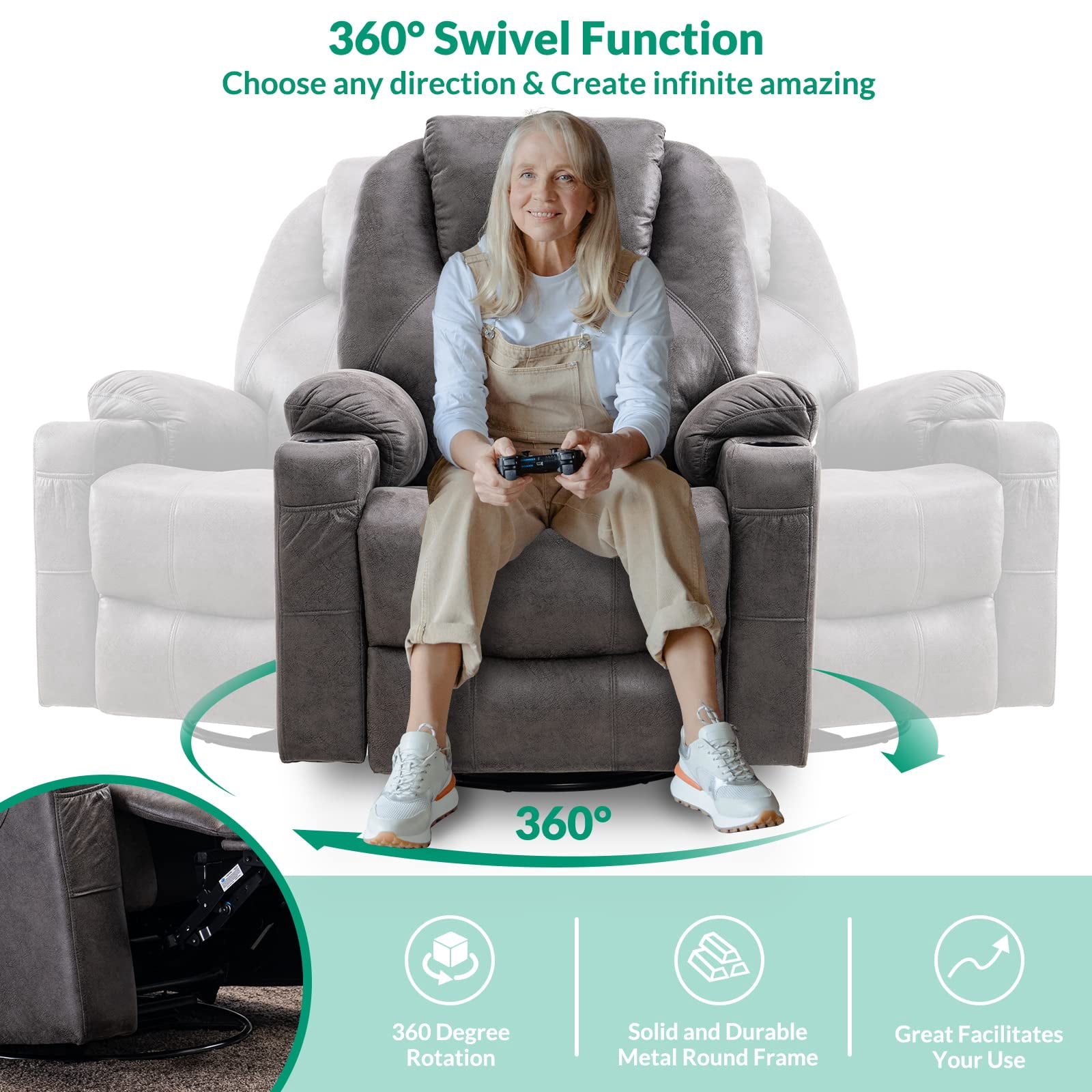 VIVIJASON Manual Massage 360° Swivel and Heating Recliner, Gray