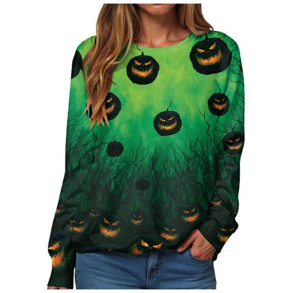 Duqingm 2026 Halloween Shirts for Women Long Sleeve Spooky Graphic Tees Vintage Festival Tops Crew Neck Sweatshirts Funny Gifts,M