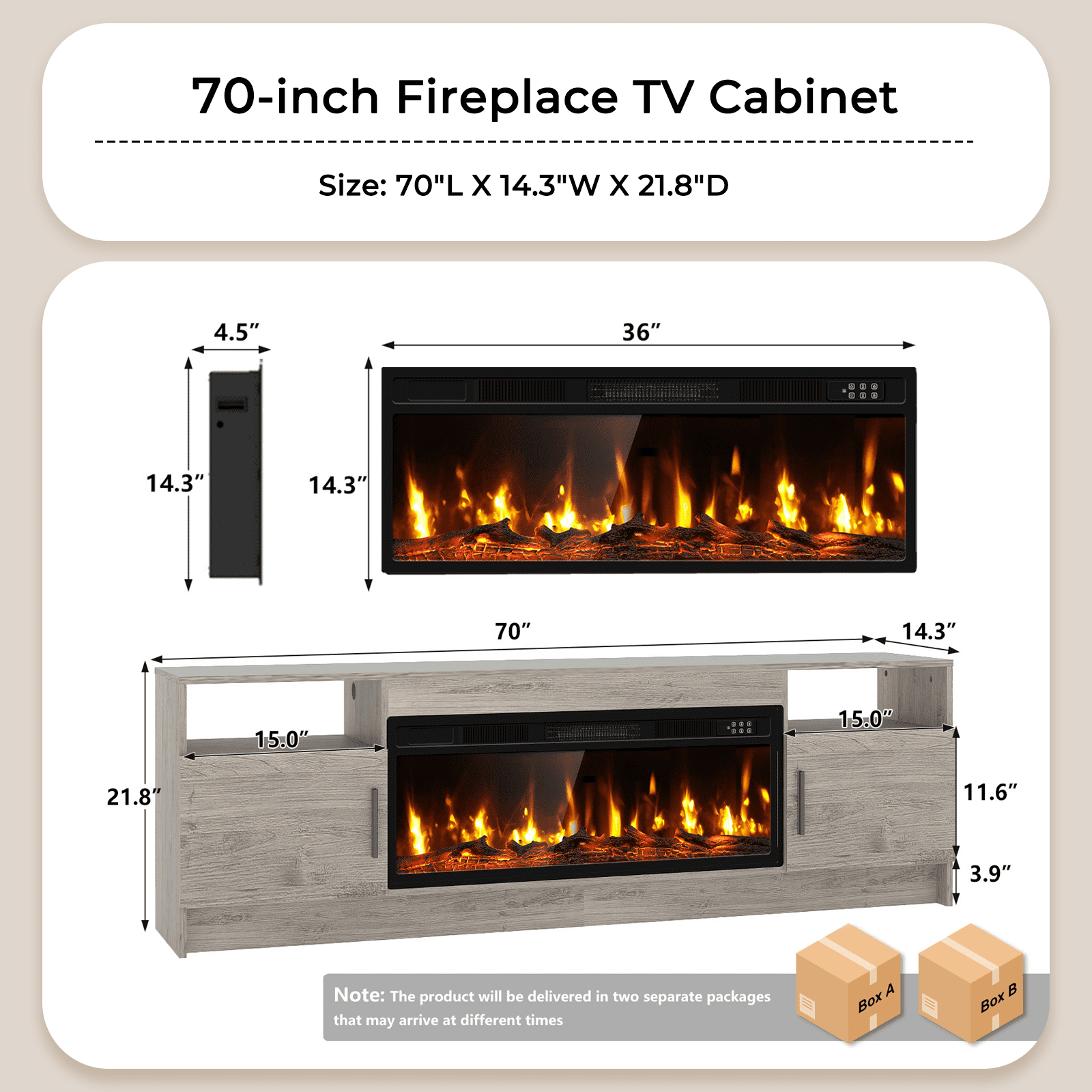 Flictozena 70" TV Stand with 36-Inch Electric Fireplace, Adjustable LED Lights & Storage | Fits TVs Up to 80 Inches | Modern Entertainment Center with Gray Doors