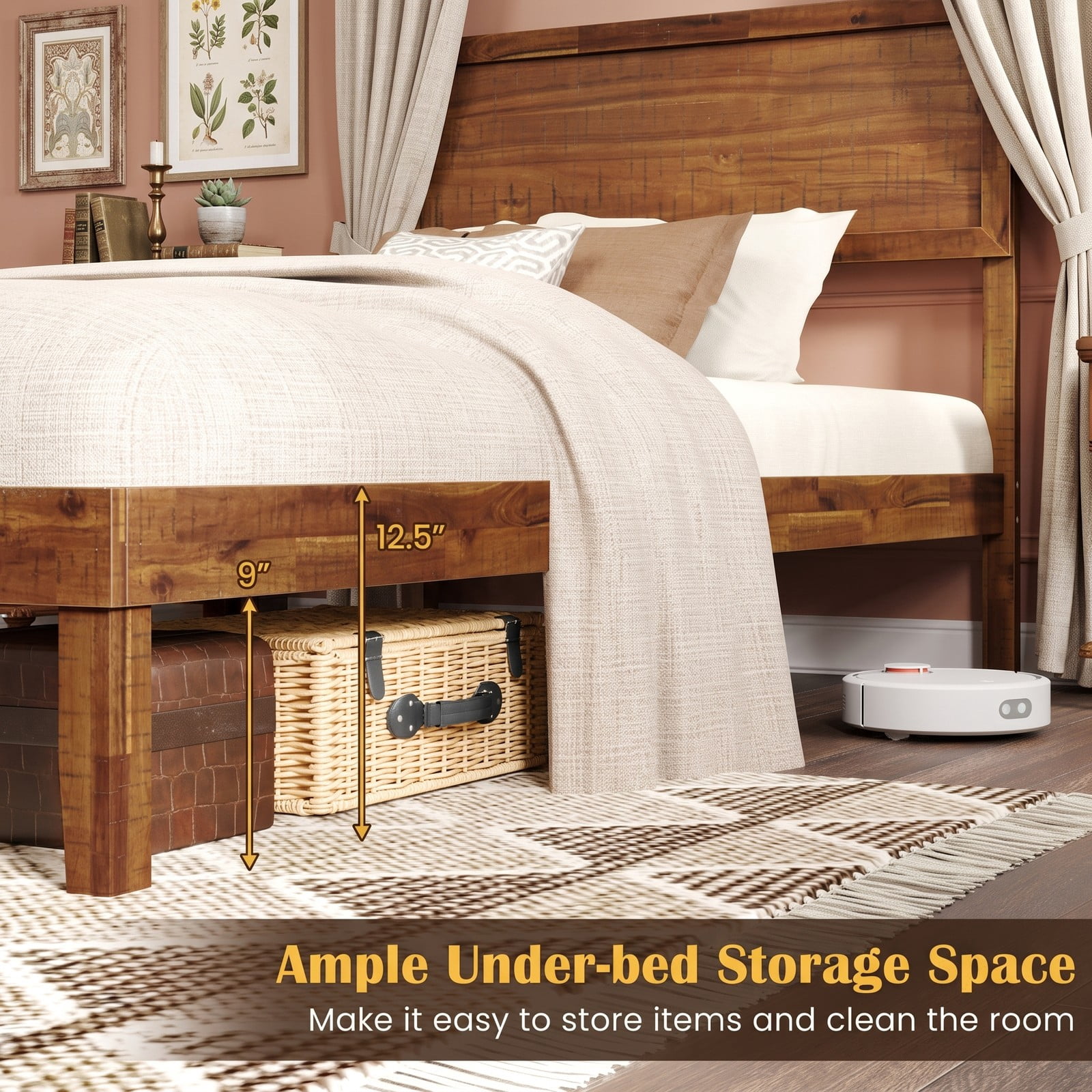 Furnibear Queen Bed Frame with Headboard, Wood Platform Bed Frame with High Panel Headboard and Wooden Slat Support for Bedroom, Walnut