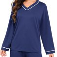 thumbnail image 7 of Womens Pajama Sets 2 Piece Lounge Sets for Women V Neck Long Sleeve Top and Elastic Waist Loose Fit Pants (L, Dark Blue), 7 of 7