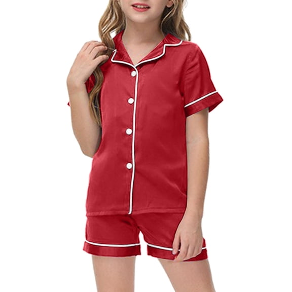 RUTAYY Children Girls Outfits 2 Piece Silk Short Sleeves Button Down Tops Shorts Loungewear Soft Comfortable Chic Holiday Clothing Sets