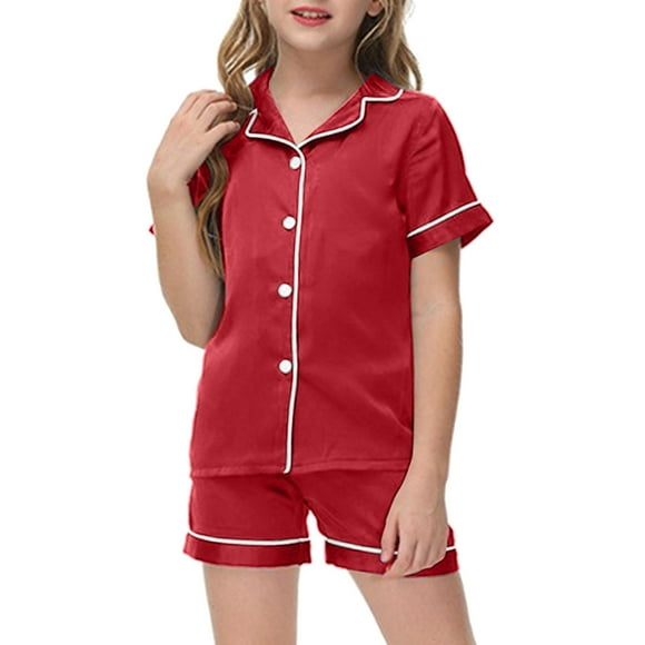 PMVFHDE Girls Outfits&Set Little Baby Girls Boys Pajamas Set Silk Kids Short Sleeves Sleepwear 2 Piece Button Down Classic Loungewear Shorts Girl Clothes Wine，110
