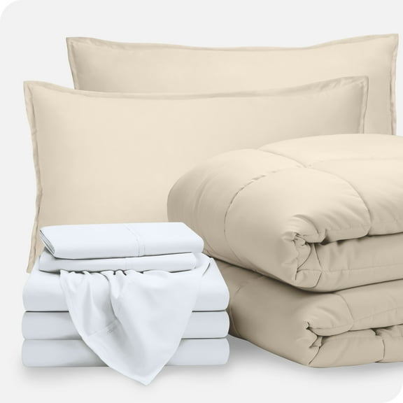 Bare Home 8-Piece Bed-in-a-Bag - Split King, Sand with White Sheet Set