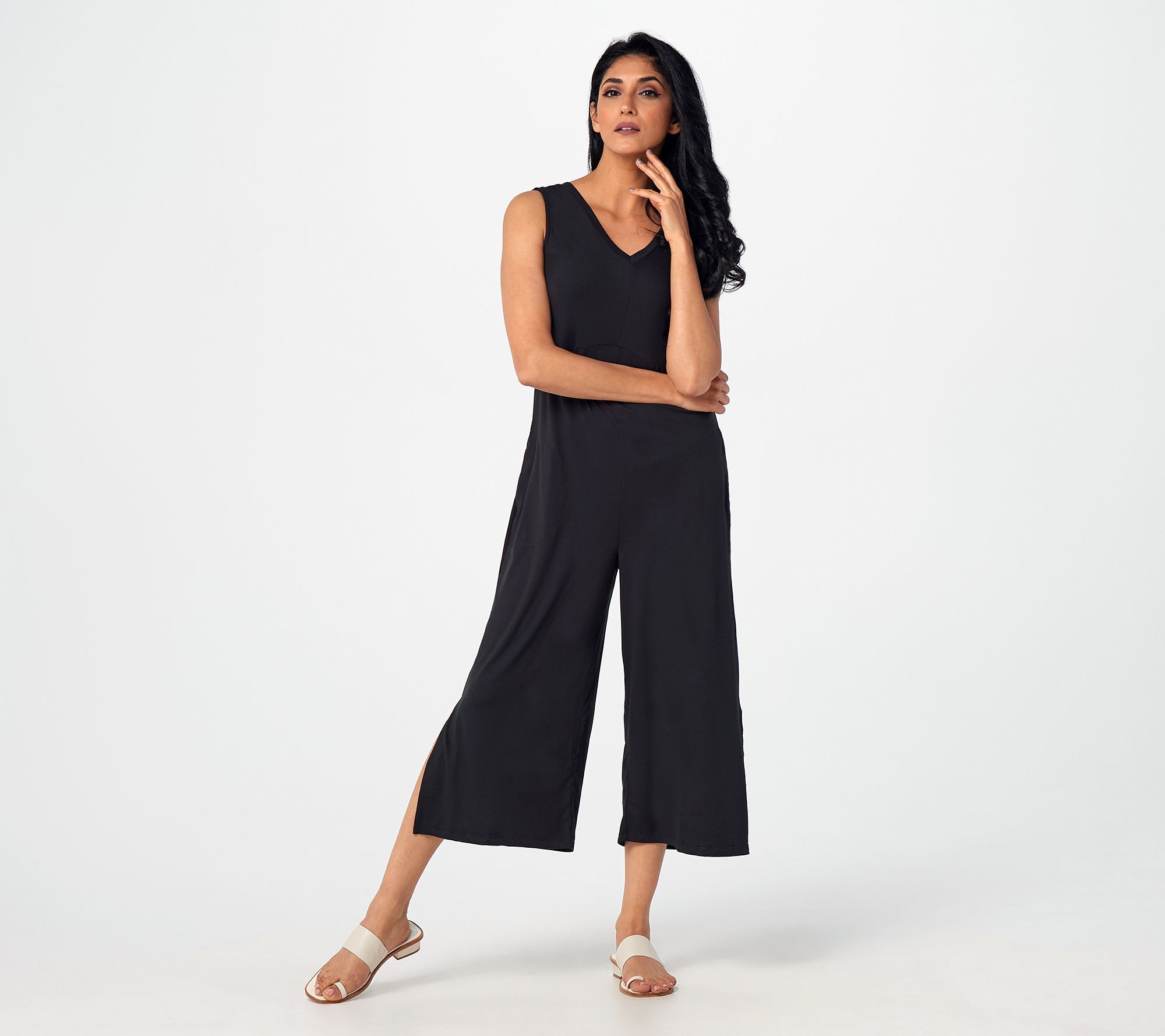 Cuddl Duds Women's Petite Jumpsuits PM Flexwear VNeck Wide Leg Black