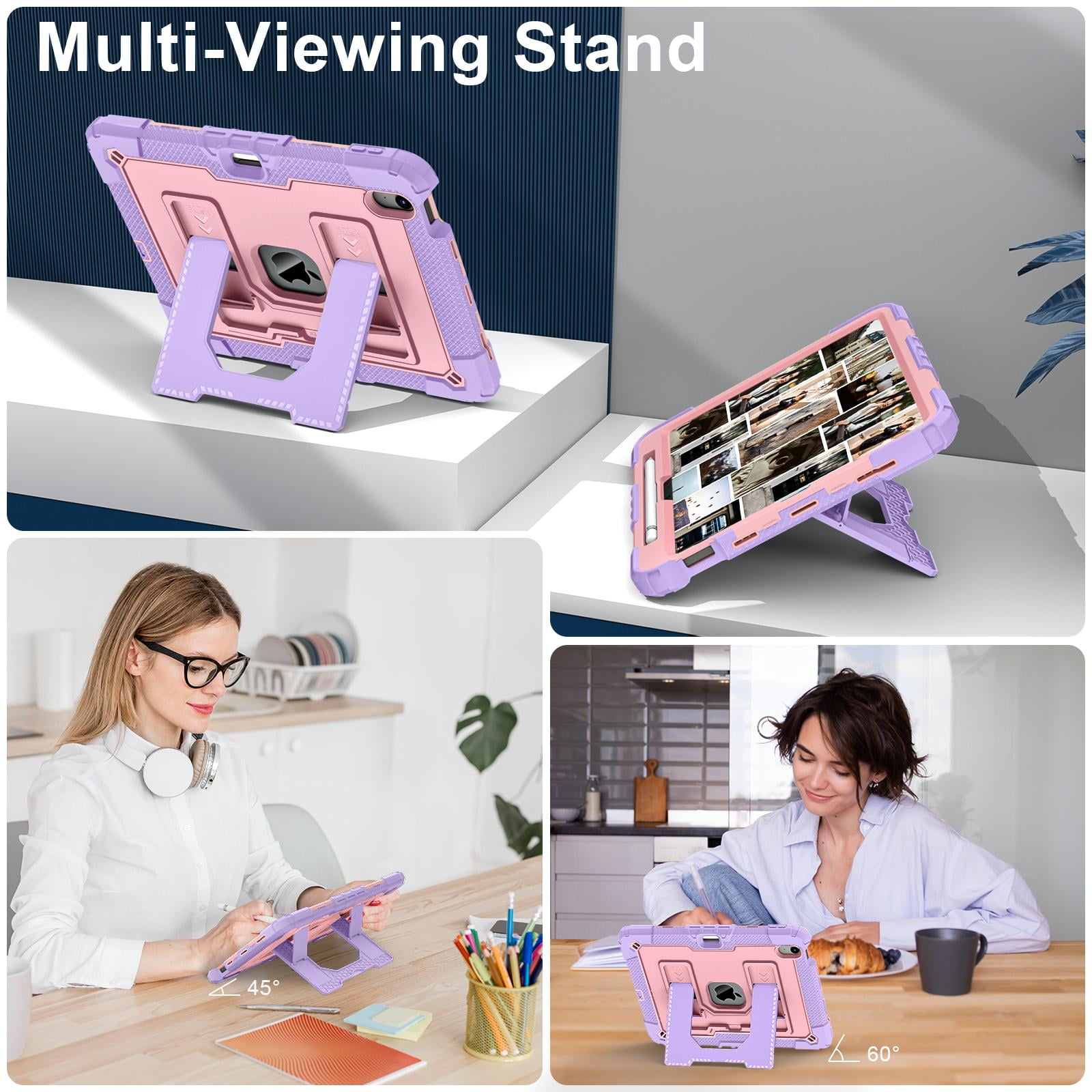 ELEHOLD 3-Layer Rugged Case For Apple iPad Air 11 (2025 / 2024) Heavy Duty Shockproof Cover, [Drop Protection], [Logo Visible], With Kickstand & Pencil Holder & Shoulder Strap, Purple+Rosegold