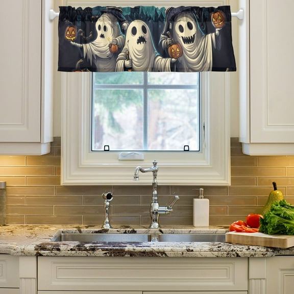 Bats Halloween Ghosts Pumpkins Curtain Valances Farmhouse Design Window Treatment Decor Blackout Rod Pocket for Windows Living Room Kitchen 54" x 18"
