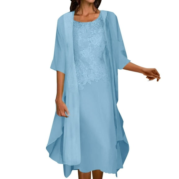 Women's Casual Fashion Elegant Lace Chiffon Pure Color Dress Two Piece Lace