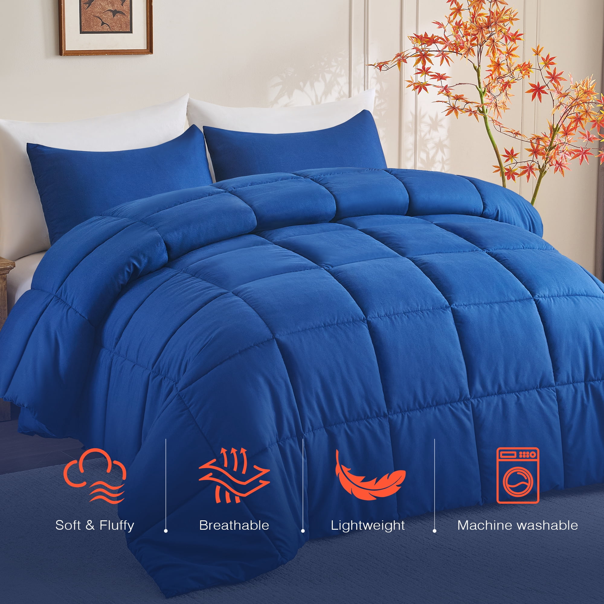 Mosluna King Size Comforter Sets, 3 Piece Soft Quilted Bedding Sets, All-Season Down Alternative Comforter with 2 Pillow Shams, Navy Blue