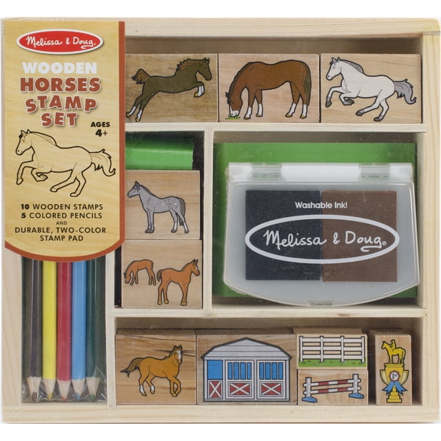 melissa y doug juego de sellos Horses en caja de madera, vista frontal con 10 sellos de madera ilustrados con caballos en distintas posturas, almohadilla de tinta bicolor lavable (negro y marrón), 5 lápices de color visibles y divisores internos de madera, empaque con etiqueta y logo Melissa & Doug.
