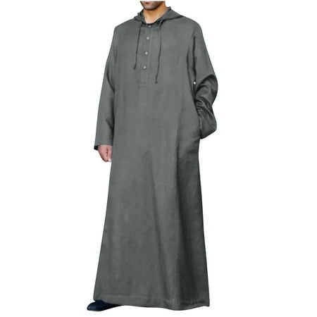 

Puntoco Plus Size Long Sleeve clearance Men s Muslim Robe Set Arab Middle Robe Long Sleeve Hooded Button Robe Black 12(XXL)