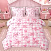 Manfei Kawaii Princess Bowknot Twin Bedding Sets 7-Piece for Teen, Romantic Love Heart Bedding Comforter Set, Pink Square Checkered Reversible Sheet Sets, Super Cozy Room Decor