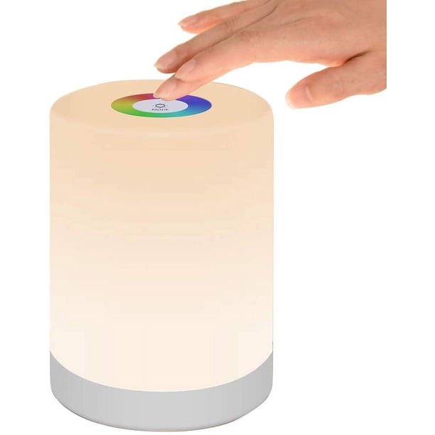 Luz nocturna LED, lámpara de mesita de noche inteligente, control táctil regulable, recargable por USB, portátil, cambio de color RGB para niños, dormitorio, camping (blanco cálido)