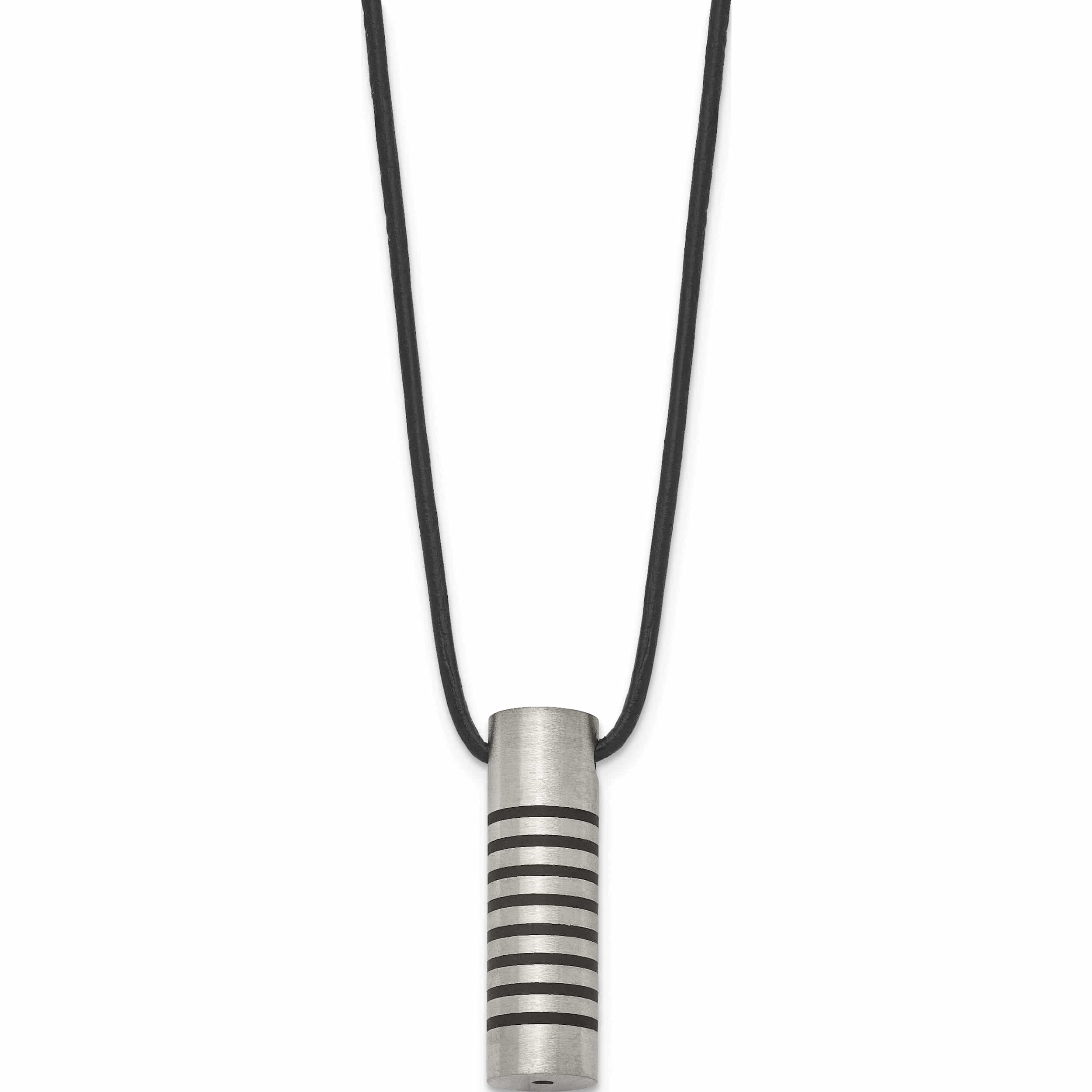 Stainless Steel Cylinder With Black Rubber 18In Leather Cord Necklace Made In China -Jewelry By Sweet Pea
