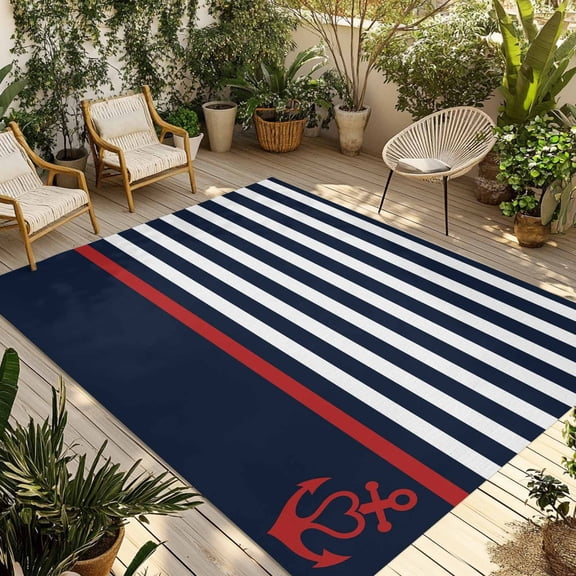 Anchor Navy Blue Outdoor Rug 6x9 Ft - Reversible Patio Rug Outdoor Camping Rugs, Red Nautical White Geometric Stripes Washable Indoor Outdoor Area Rugs, Non-Slip Outdoor Carpet Runner for Deck/Porch