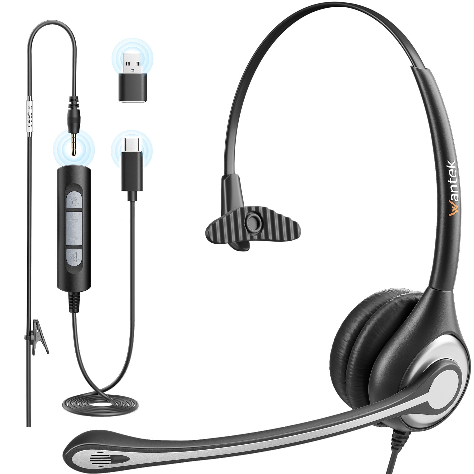 Wantek Wired USB Headset with Microphone for PC,Laptop,3.5mm/USB/Type-C Jack 3-in-1 Computer Headset with Noise Cancelling & Audio Controls,USB Headphones for Call Center,Work,Office,Mono